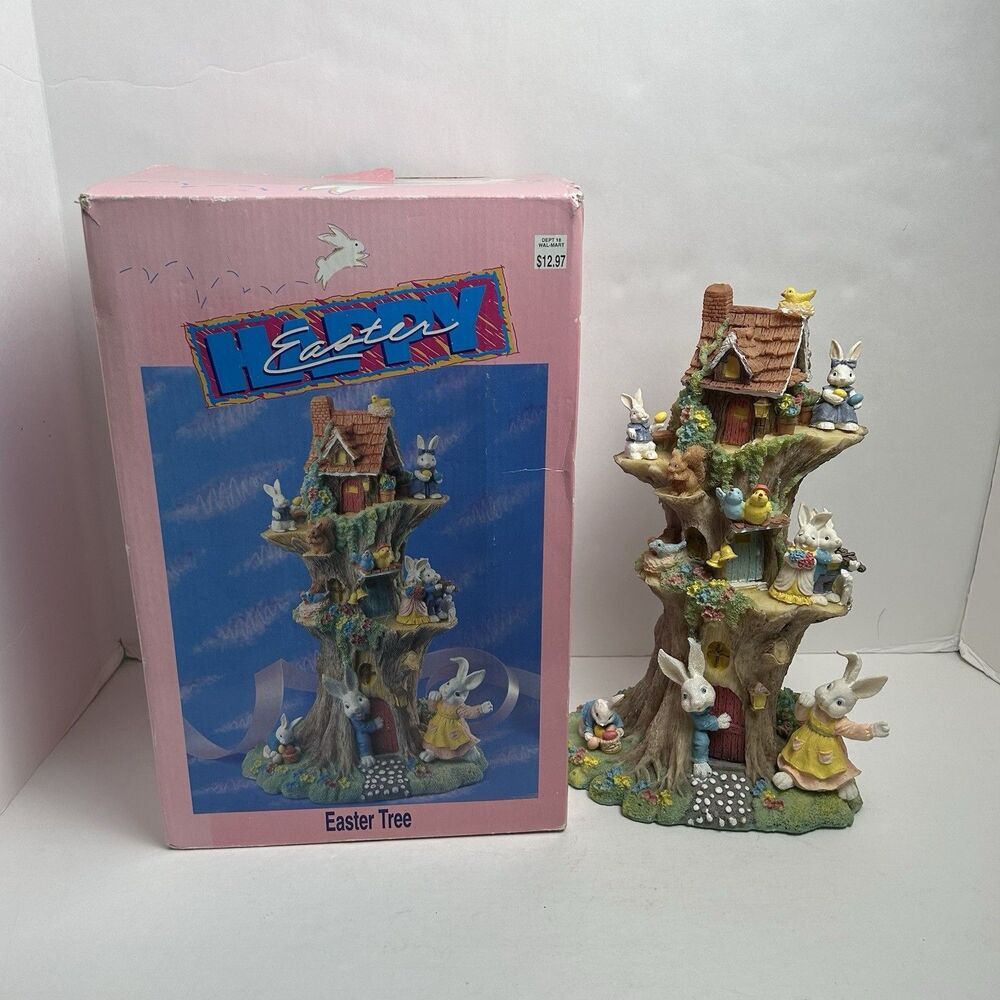 Happy Easter Tree by Jaimy Tabletop Decor Bunny House Eggs Birds Squirrel Spring